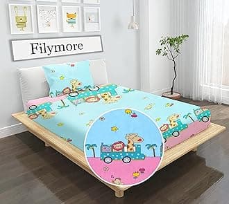 Filymore Animal Toy Bedsheet Made with Pure Microfiber Wrinkle Free Soft Hypoallergenic | Cratoon Printed Single Bedsheet Small Size for Kids (90x60) Inches(Peach and SkyBlue)