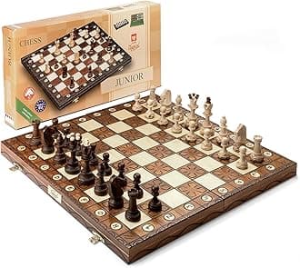 Handmade Junior European International Chess Set - 16 Inch Luxury Wooden Chess Set for Adults and Kids, Premium Beech and Birch Wood - Unique Folding Design with Storage