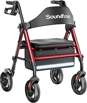 SOUNDFUSE Walkers for Seniors, Rollator Walker with Seat, 8" All Terrain Wheels, Double Support Bar, 350lb, 16" Ergonomic Arc Seat and Comfortable Backrest, Dual Height Adjustable and Foldable Design