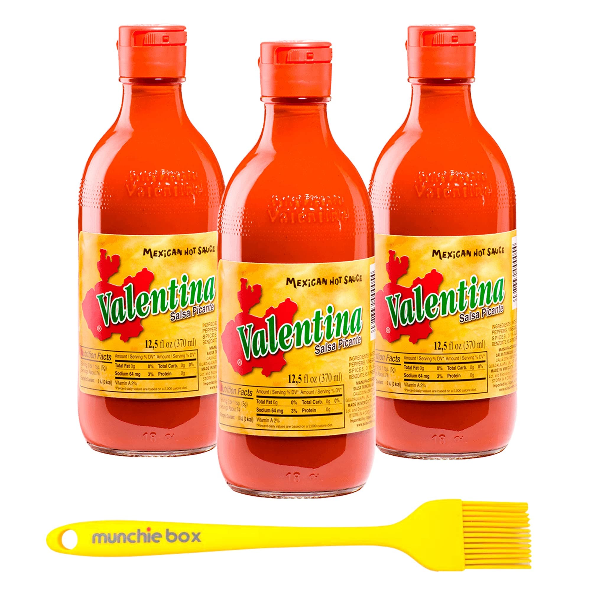 Valentina Hot Sauce, 3 Bottles Includes Munchie Box Basting Brush (Yellow Hot Sauce)