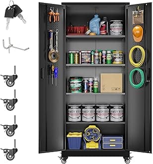Metal Storage Cabinet with Wheels, Pegboard and 4 Hooks, 73" H Garage Storage Cabinet with 4 Adjustable Shelves and 2 Lockable Doors for Garage Home Office, Assembly Required, Black
