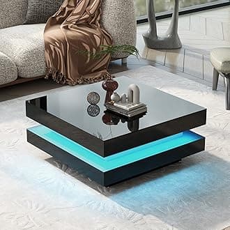 Square Coffee Table with LED Lights, High Gloss 2-Tier Living Room Center Table 31.5" x 31.5" x 14.2", Black
