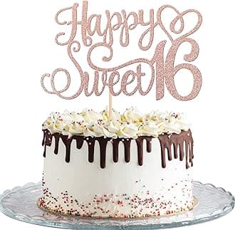 1 PCS Happy Sweet 16 Cake Topper Glitter 16th Birthday Cake Pick Cheers to 16 Years Birthday Cake Decoration for Happy 16th Anniversary Party Decorations Supplies Rose Gold