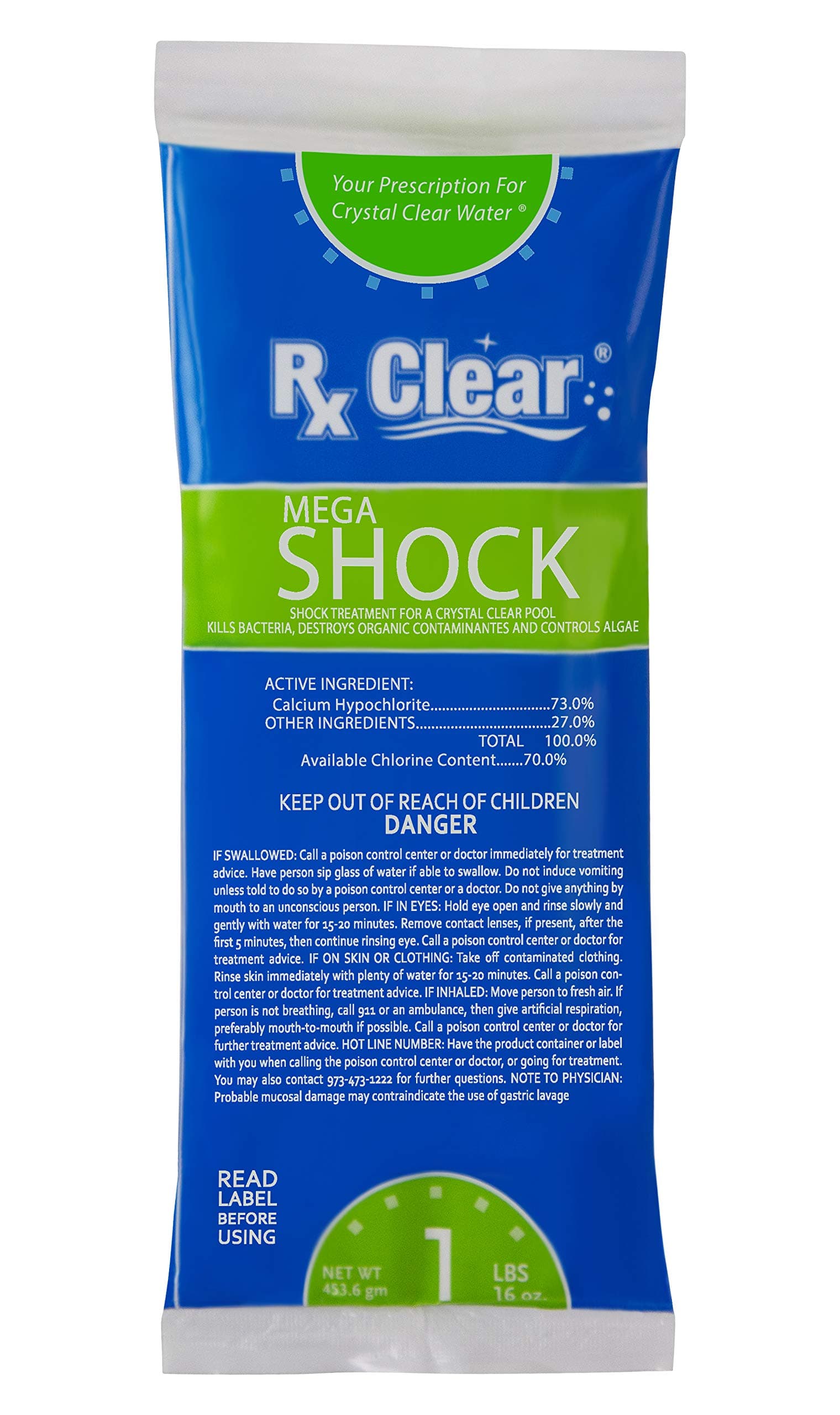 Rx Clear Mega Shock | 73% Calcium Hypochlorite | Kills Algae in Swimming Pools | Acts as Pool Disinfectant Clarifier and Algae Killer | 1 Pound Bag | Single Pack