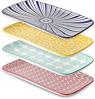 SelamicaCeramic Rectangular Salad Plates Set, Dinner Plate 9.4 Inch Dessert Plates for Party Entertaining, Small Serving Plates for Appetizers, Sushi, Fruit, Set of 4, Assorted Colors