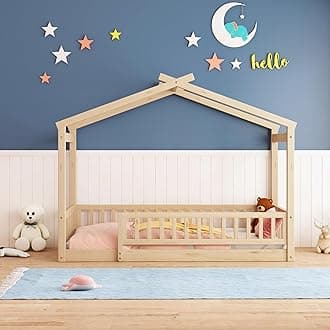 Twin Size House Bed Frame, House Beds for Kids, Montessori Floor Bed with Fence, Playhouse for Kids, Natural