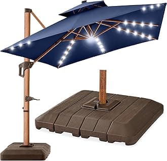 10ft Square Cantilever Patio Umbrella w/Base Included, Woodgrain Pattern Pole & Solar LED Lights, 360-Rotation, Offset Hanging Outdoor Shade - Navy Blue