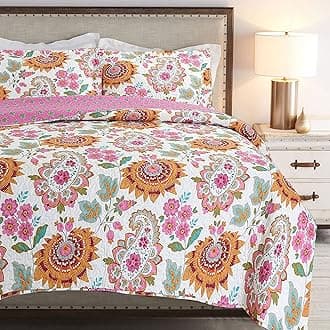 Cozy Line Home FashionsPink Orange Flower Burst Leaf Paisley Bloom Reversible Quilt Bedding Set, Bedspread, Coverlet Lightweight for All Seasons (Victoria Floral, Queen - 3 Piece)