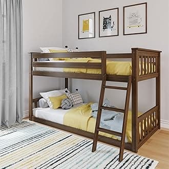 Twin Over Twin Low Bunk Bed with Ladder, Wooden Bunk beds with 14” Safety Guardrail for Kids,Toddlers, Boys, Girls, Teens, Bedroom Furniture, Walnut
