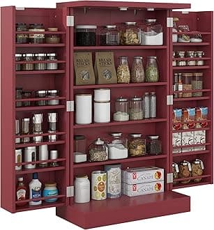 HOMCOM 41" Kitchen Pantry Storage Cabinet, Freestanding Kitchen Cabinet with 12 Door Shelves, Double Doors, 5-Tier Shelving and Adjustable Shelves, Painted Red