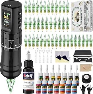 Tattoo Kits Tattoo Machine with 1800mAh LED Display 40PCS Needles and 14 Ink Black
