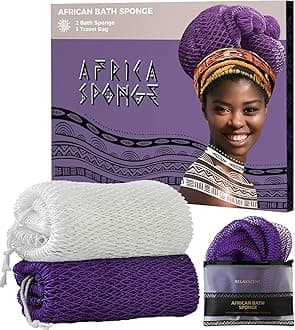 African Net Sponge Authentic - 2 Pieces Exfoliating Body Scrubber Bath Sponge - Back Scrubber Washcloth for Shower White&Purple - Real African Scrub Exfoliator Body Care Bathing Accessorie