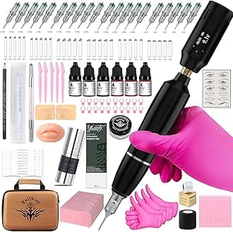 Eyebrow Microblading Tattoo Machine Kit, Professional Complete Wireless Tattoo Gun with Tattoo Power Supply, 50Pcs Cartridge Needles, 7Pcs Inks, Microblading Supplies for Beginners (Black, TP39)
