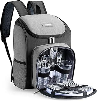 VonShef Picnic Backpack, 4 Person Grey Picnic Hamper with Dining & Cutlery Set & Cooler Compartment, Lightweight Water Resistant Cool Bag, Insulated Camping Accessories