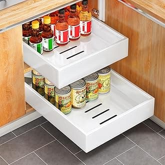 SAYZH Pull Out Cabinet Organiser, Slide Out Drawer Storage Shelves for Kitchen Cupboard, Roll-Out Extendable Sliding Drawer, (43 CM Depth x 25 CM Width x 9CM Height), No Need Drill and Nailing (White)