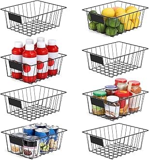8 Pack Wire Storage Baskets for Organizing with Removable Tags, Pantry Organization Bins for Kitchen Cabinets, Closet - Metal Basket for Laundry, Garage, Refridge, Bathroom Countertop Organizer, Black