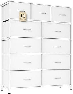 Flrrtenv Chest of Drawer with 11 Drawers, Modern Bedroom Cabinte, Fabric Drawers with Wooden Top, Sturdy Metal Frame, Tall White Hallway Storage Unit