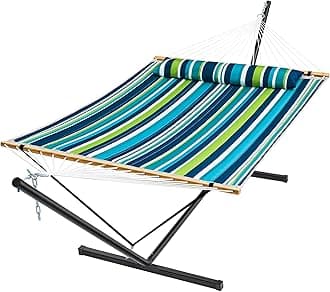 - SUPERJARE Hammock with Stand, 2 Person Quilted Outdoor Hammock, Detachable Pillow & Bamboo Spreaders, Portable Hammock with Carrying Bag, Heavy Duty Stand, Perfect for Outside, Patio, Dark Cyan