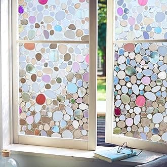 Viseeko Stained Glass Window Privacy Film：3D Pebble Decorative Rainbow Film Easy Install Colored Window Cling Non-Adhesive UV Protection 35.4x118inch