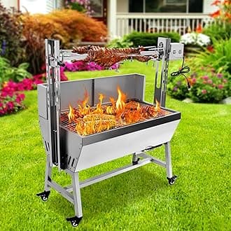 Rotisserie Grill Roaster With Back Cover Guard, 25W Motor Small Pig Lamb Rotisserie Roaster, 37 Inch Stainless Steel Charcoal Rotisserie Grill For Camping Outdoor BBQ Silver,132 LBS With Baffle