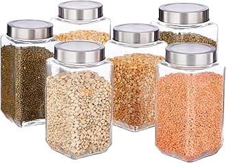 - Vency Glass (Set Of 6) (1000ml Steel Cap) Square Shape Transparent Glass Jars & Glass containers for kitchen Pantry, Snacks, Masala, Pickles, Dry Fruits, Coffee Beans Storage Steel See Through Lid