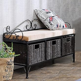 LWJSOCP Vintage Storage Bench With ③ Woven Baskets,Tufted Fabric Storage Organizer Bench Seat,Farmhouse Storage Bench Shoe Bench For Entryway Living Room-Black 80x35x58cm(31x14x23inch)