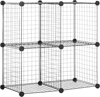 4 Cube Wire Storage Shelves, Black, 37 cm D x 77 cm W x 77 cm H