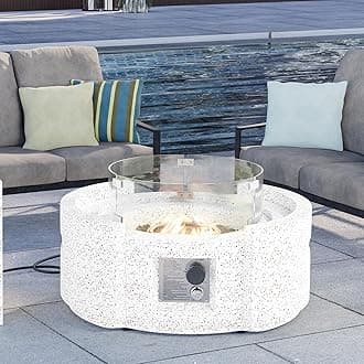 HOMPUS Round Fire Pit Table, Outdoor Propane Fire Pit Table w Free Lava Rocks & Rain Cover, Terrazzo Colorful Fire Pit Table w Wind Guard for Patio, Outside