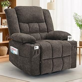 360° Swivel Rocker Recliner for Adults, Nursery Glider Recliner with Massage and Heating, Rocking Chair with Cup Holder, Manual Recliner Chair for Living Room, Bedroom (Fabric, Brown)