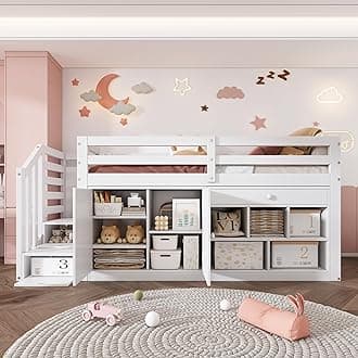 BTM Multifunctional Children's Bed with Stairs and Storage Space, Stairs/Cabinets Interchangeable on the Left & Right, Reversible Drawers Usable as a Desk(No Mattress) 90 * 190cm, white(No Mattress)
