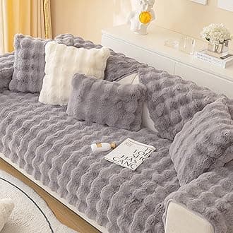 MERRYLIFE Thick Plush Faux Rabbit Fur Sofa Slipcovers 1-Piece Non-Slip Warm Soft Cozy Couch Covers Pillow Covers Furniture Protector(Grey, Sofa Cushion 90 * 240cm)