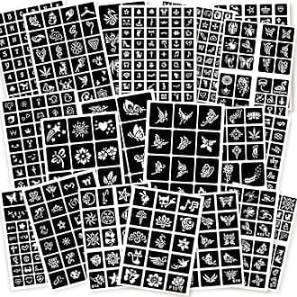 ChurlChurl 575pcs Temporary Tattoo Stencils, 20 Sheets Henna Tattoo Stencil Kit for Women Man Face Body Paint DIY Art Reusable Glitter Tattoo Stencils Pack