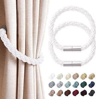 NICEEC 2 Pack Strong Magnetic Curtain Tiebacks Modern Simple Style Drape Tie Backs Convenient Decorative Weave Rope Curtain Holdbacks for Thin or Thick Home & Office Window Draperies (Silver White)