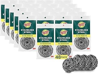 Scotch-Brite Stainless Steel Scrubbers, Scouring Pads for Cleaning Tough Baked-On Messes, Metal Scrubbers for Cleaning Dishes, 48 Scrub Pads