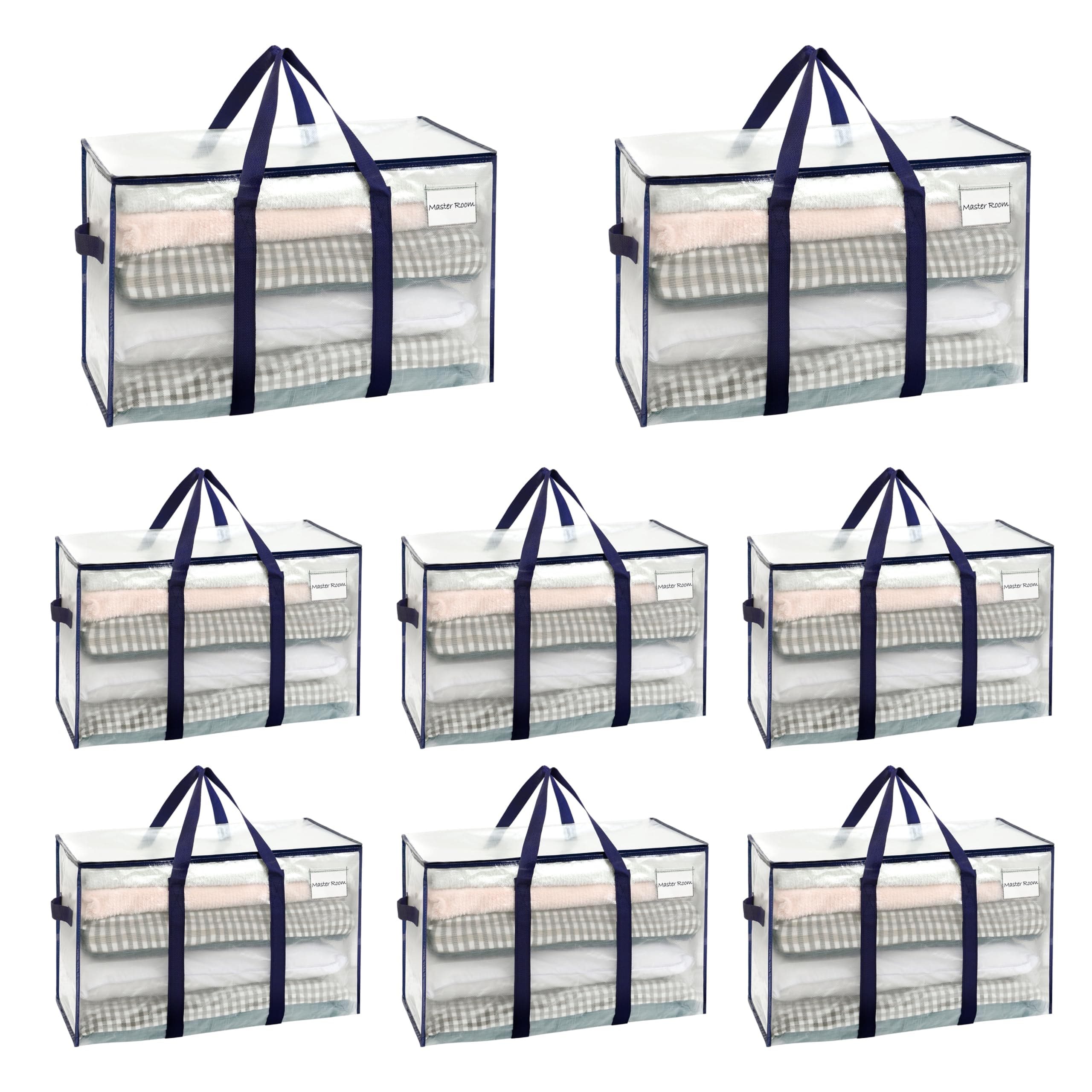 8 Pack Extra Large Moving Storage Bags with Zips, Heavy-Duty Organizer Tote, Moving Box Alternative, Packing Supply, Clothes Storage Bin, Tag Pocket for Label, Water-Resistant (Clear, 8 Pack)