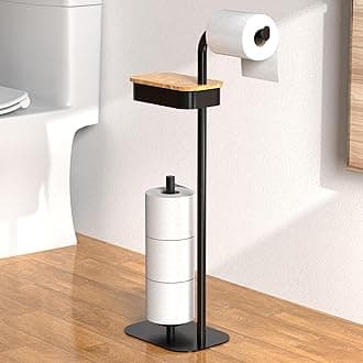 YIGII Toilet Paper Holder Free Standing - Rustproof Tissue Holder for Bathroom, RV Toilet Paper Storage Stand for 4 Rolls, Matte Black Toilet Paper Holder with Rotatable Shelf and Storage Box