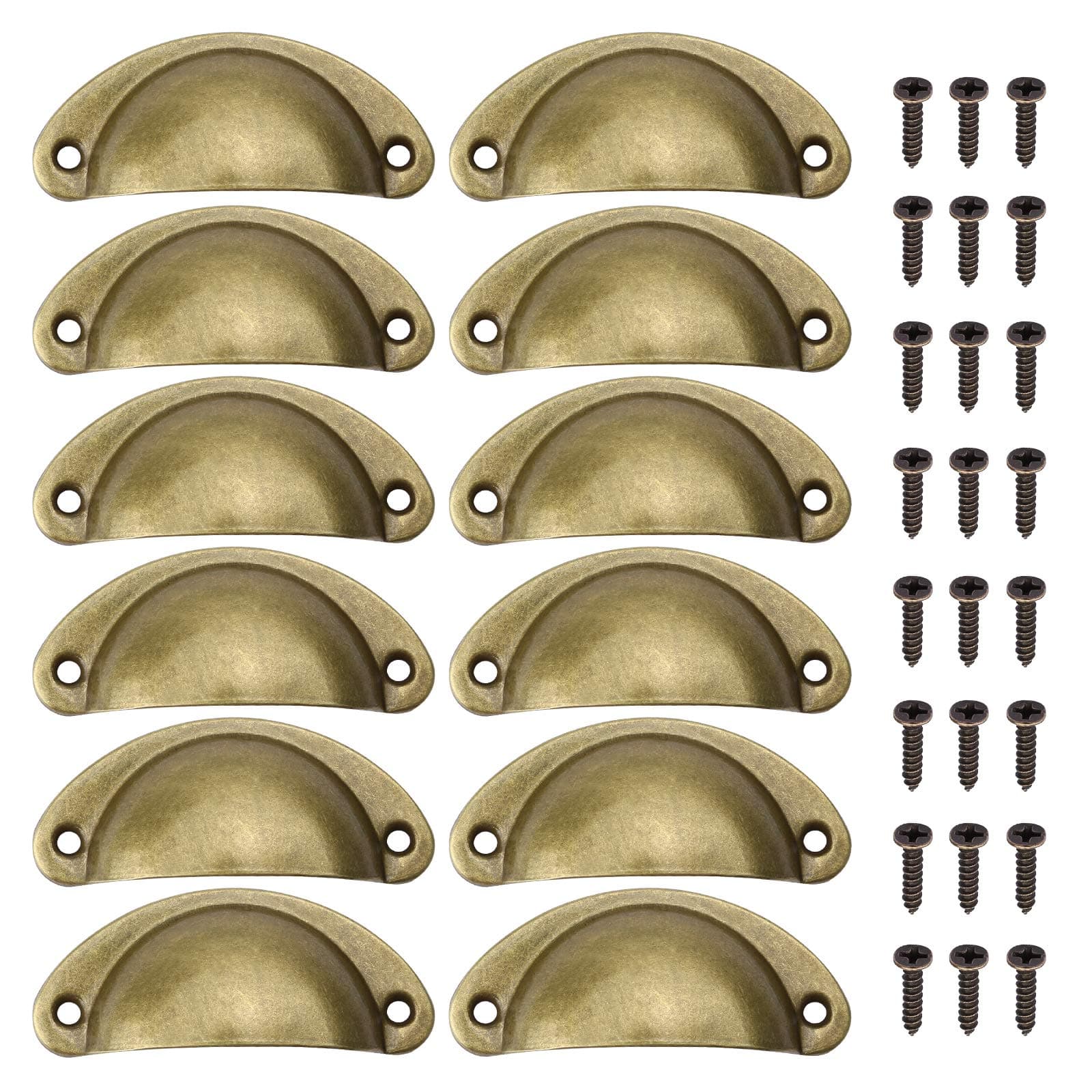 12 x Vintage Shell Cup Pull Handles, Retro Metal Half Moon Closet Knob for Kitchen Cupboard Cabinet Furniture Door Drawer Knobs, Gold Vintage Bronze
