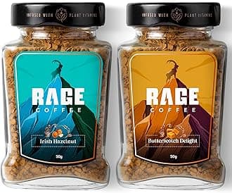 RAGE COFFEE Instant Coffee Combo Pack of 2 - Butterscotch Delight & Irish Hazelnut (Flavoured Instant Coffee 50gms each made using premium Arabica Beans), Glass Bottle