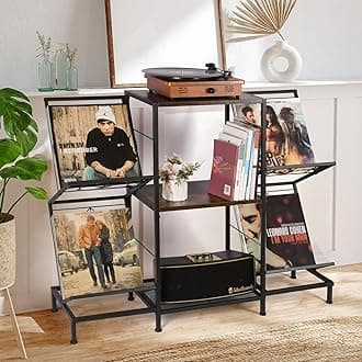 Record Player Stand with Vinyl Record Storage, Turntable Stand with 4-Tier Vinyl Display Shelf & Metal Frame, Record Holder for Living Room, Rustic Brown