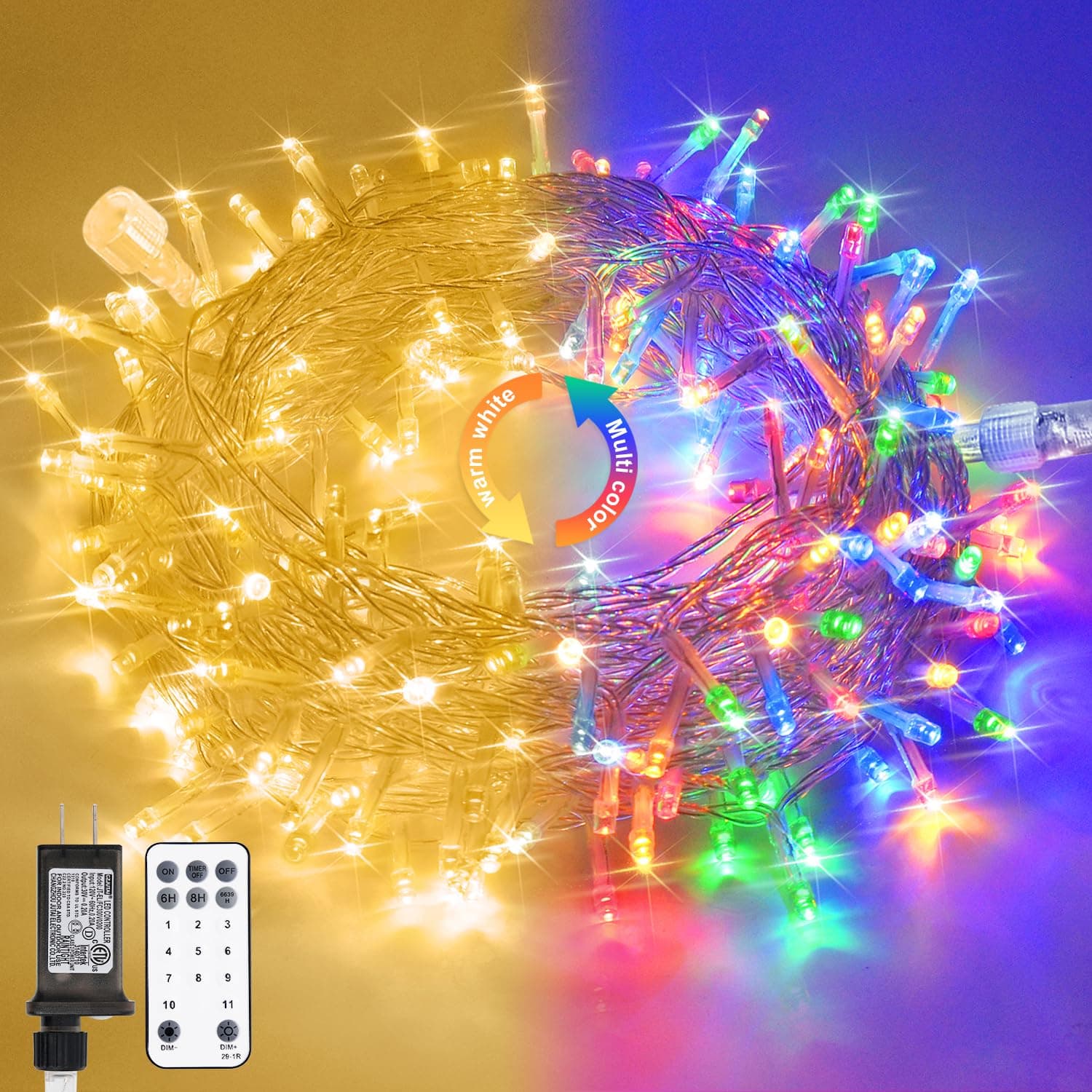 JMEXSUSS 33ft 100 LED Color Changing String Lights Plug in, Warm White & Multicolor Christmas Tree Lights Indoor, Christmas String Lights Outdoor Waterproof for Xmas Indoor Decor