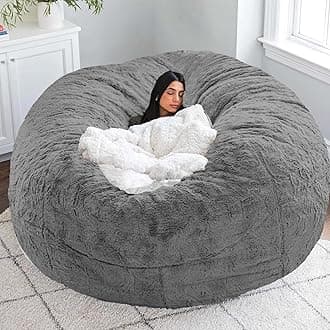 Giant Beanbag Chair Cover for Adults and Kids Comfy Fluffy Cover for Lazy Sofa Floor Chair Stuffed Animal Storage, Grey, 7FT