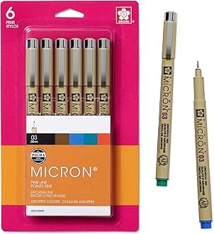SAKURA Pigma Micron Fineliner Pens, 03 Tip Size, Archival Ass't Colors, 6 PK 50049