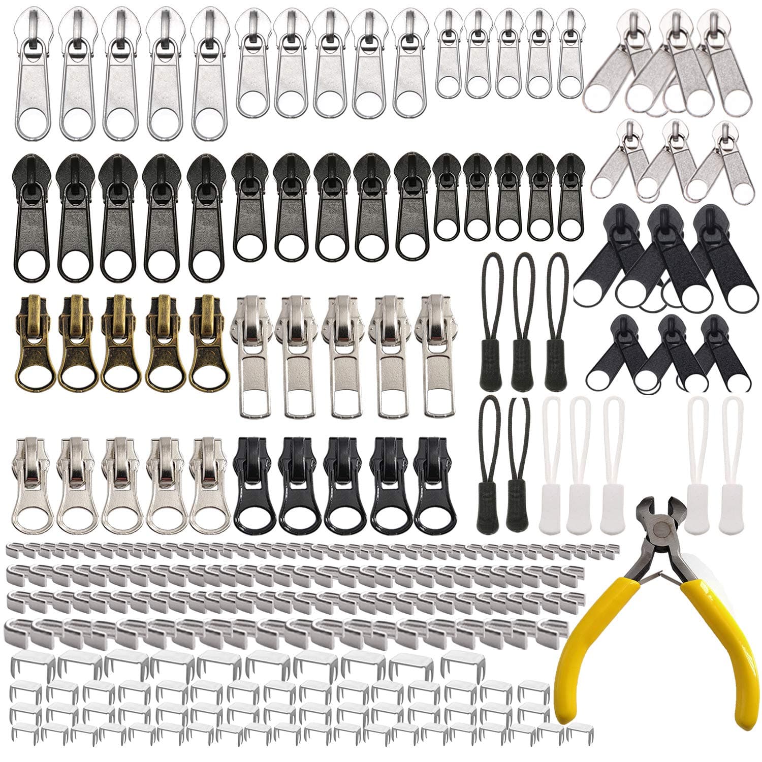 Zipper Repair Kit - 252 Pieces - Replacement Zippers, Pulls & Tools for Bags, Tents, Luggage, Sleeping Bags, Jackets - Outdoor Gear Repair - Silver, Black, White - Metal, Nylon