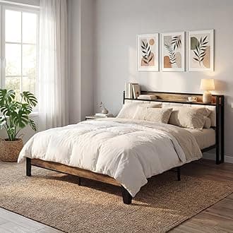 LIKIMIO Queen Bed Frame, Storage Headboard with Charging Station, Solid and Stable, No Noise, No Spring Box Required, Easy Assemble (Walnut and Beige)