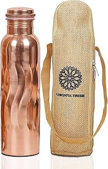 FURNISHFUL FINESSE Pure Copper Water Bottle with Carry Bags Antique Coppers Bottles for Gym Office, Yoga, meditation hiking, Ayurvedic Vessels -1000 ml (Pack of 1, Natural Copper Bottle)