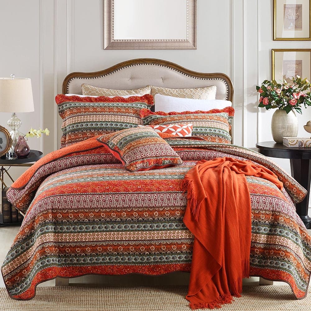 Cotton Jacquard Style Bohemian Reversible Patchwork Bedspread Quilt Sets Queen Size Bedspread Bohemian Quilt (Red Bohemian)