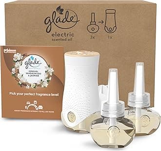 Plug in Air Freshener Holder and Refill, Electric Scented Oil Room Air Freshener, Sandalwood & Jasmine, 1 Holder and 3 Refills (3 x 20ml)