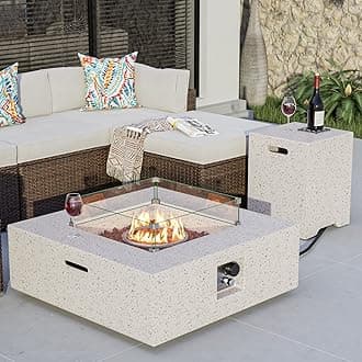 COSIEST 35-inch Square Outdoor Sandstone Propane Fire Pit w Wind Guard and Side Table, Certified, 50,000 BTU Stainless Steel Burner, Free Lava Rocks and Rain Cover, Metal Lid(Beige)