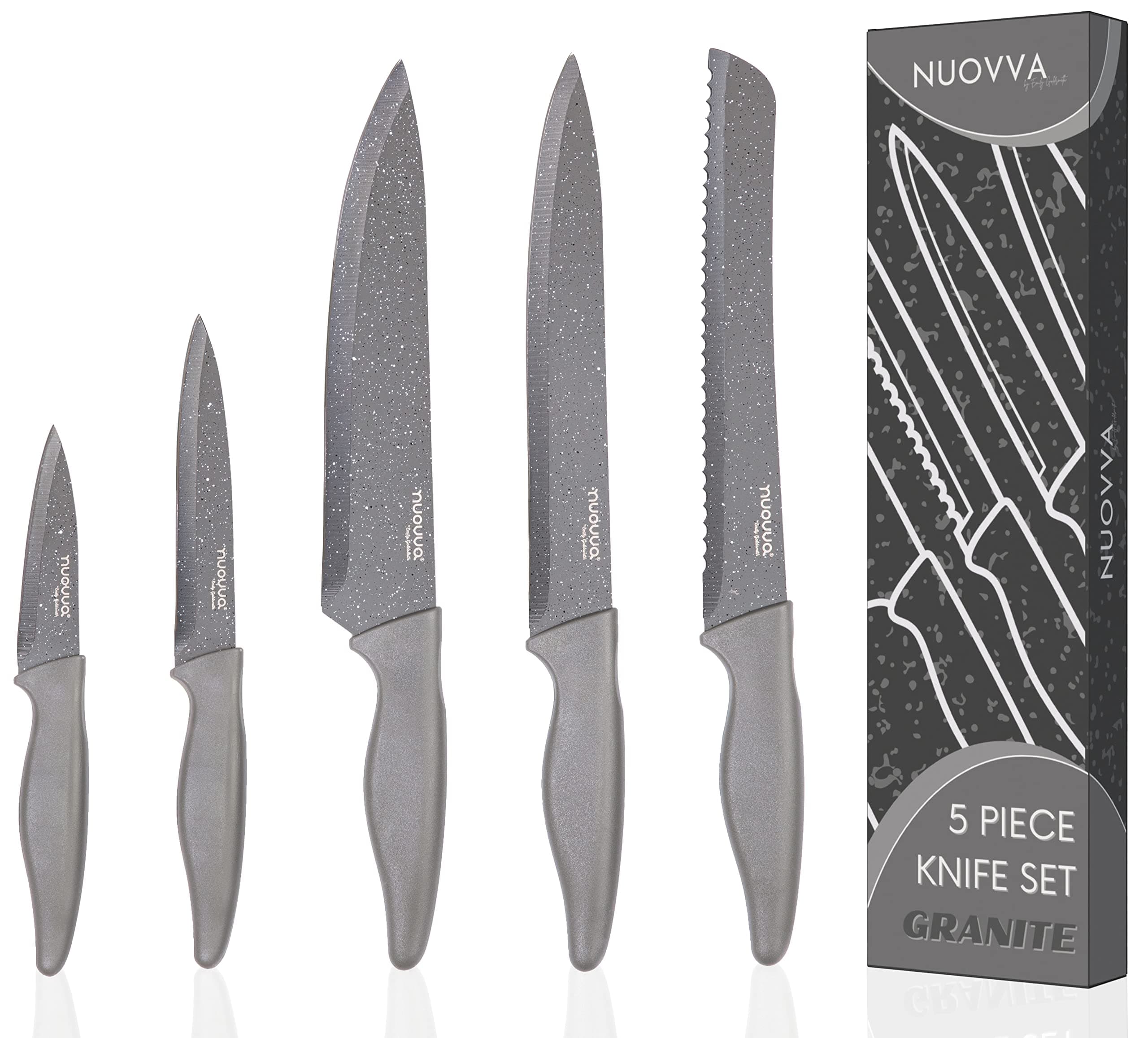 – Professional Kitchen Knife Set – 5Pcs Stainless Steel Grey Granite Knife Set - Sharp & Non Stick Blades Lightweight – Chef, Bread, Utility, Filleting & Paring Tools