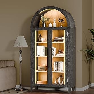 Arch Storage Cabinet with Tempered Glass Door, 71” Arched Display Floor Cabinet, 5 Tier Farmhouse Buffet with Storage for Dining Room, Living Room, Home Office or Kitchen(Black&Oak)